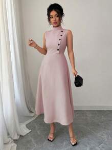 Elenzga Vestido casual elegante de verano sin mangas con botones decorativos