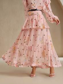 Anewsta Falda elegante de mujer con volantes en el bajo, parches de lunares y flores, para vacaciones