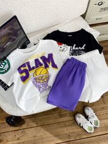 Set de 4 piese pentru băieți, casual, versatil, cu imprimeu de baschet, top cu mânecă scurtă și pantaloni scurți