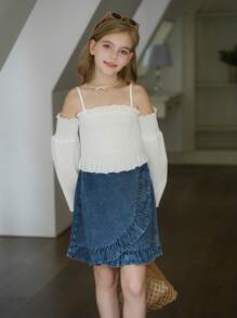 Tween 女童 2025 年春夏新品，独特交叉装饰优雅荷叶边下摆 A 字裙，时尚百搭又甜美，适合日常活动、外出和社交聚会 - 中等水洗藍 - 查看 6