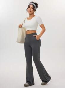 SHEIN Sport Studio Women's High Waist Solid Color Flare Leg Workout Pants For Everyday Wear Yoga Pants Flare Yoga Dress Pants Yoga Flare Pants Grey Yoga Pants Leggings Flared