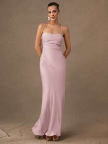 Silquee 奢华性感，优雅正式舞会礼服，早春夏季礼服，浅黄色纯色礼服，婚礼当天礼服，结婚周年纪念礼服，浪漫情人节&约会&礼服&华丽女士纯色，连衣裙女士弹性，高开衩不对称下摆设计 - 粉色 - 查看 2