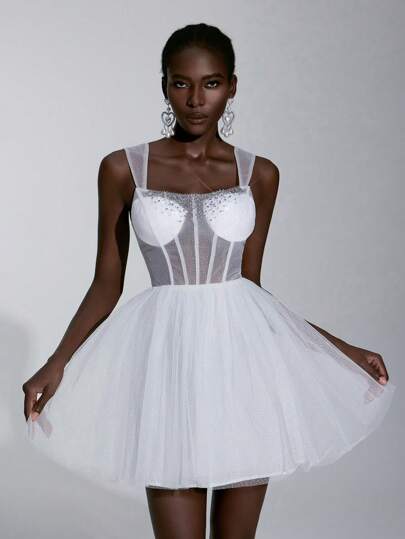 Elitara Elegante body de satén blanco y vestido de línea A con contraste de malla, detalles de pétalos en capas, tirantes ajustables, adecuado para novia, fiesta, vestido de gala, atuendos para citas de mujeres