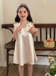 LMoss Kids 年轻女孩平纹编织 3D 花卉贴身休闲吊带背心连衣裙 - 杏色 - 查看 3