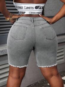 Slaydiva Shorts vaqueros simples desgastados de talla grande para uso diario - Gris Claro - Ver 2