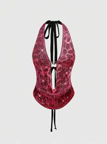 ROMWE Fairycore 女士节日豹纹亮片面料性感 Y2K 短款上衣 - 粉色 - 查看 1