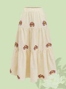 ROMWE The White Lotus Váy chữ A thêu hoa sen cho nữ, phong cách nghỉ dưỡng - Màu be - Xem 1