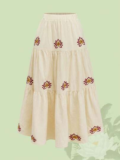 The White Lotus تنورة على شكل حرف A مطرزة بالأزهار لونس للنساء، بطراز منتجع