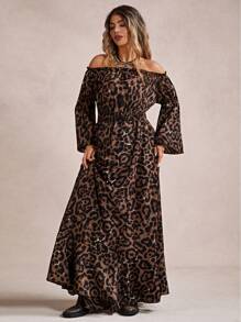 Freevana Vestido casual de talla grande con corte evasé, lazo delantero, volante en el dobladillo y abertura alta, estampado de leopardo, en estilo bohemio para otoño/invierno