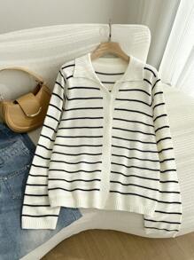 SHEIN EZwear Cárdigan informal holgado a rayas blancas y negras de manga larga para mujer de talla grande - Blanco y Negro - Ver 1
