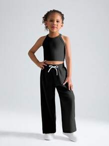 SHEIN 年轻女孩纯色休闲运动高弹力圆领背心+宽松阔腿松紧腰运动裤套装，舒适夏季运动，日常休闲穿着