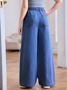 SHEIN Tween Girl Summer Light Washed Drawstring Waist Wide Leg Casual Jeans For Daily Wear, Summer Stretchy Waist Comfortable Wide Leg Pants, Summer Beach Boho Vacation Casual, Rave Concert Festival Fall Winter - Medium Wash - View 2
