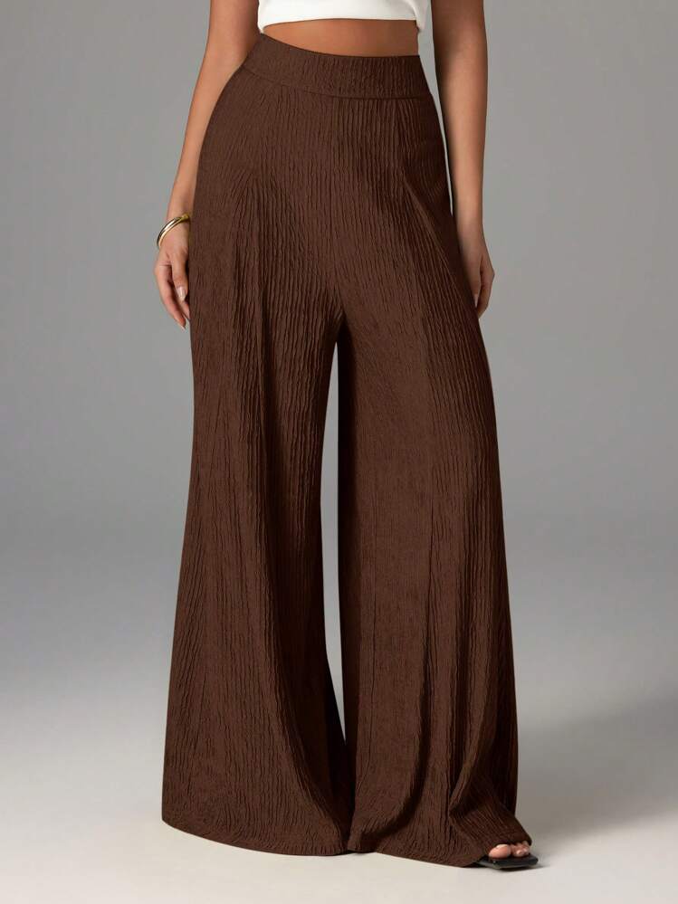 Firerie Pantalon large texturé à taille haute élégant et décontracté pour femmes, pantalon de plage, d'aéroport, d'automne - Marron - Voir 6