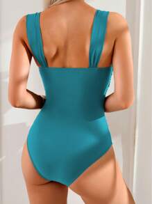 Swim Basics Baju Renang One-Piece Sederhana dengan Tali Lipit Warna Polos untuk Musim Semi, Gaya Boho Festival untuk Wanita untuk Liburan Pantai Musim Panas - Teal Blue - View 2