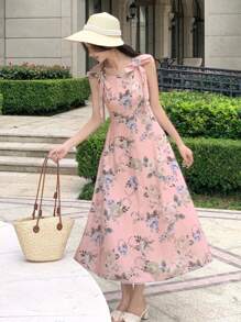 DAZY 女士优雅花卉蕾丝拼接系带中长连衣裙，夏季长款连衣裙 - 粉色 - 查看 6