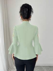 Rafferiza Casual Elegant Versatile Daily V-Neck Waist Ruffle 3/4 Bell Sleeve Black Blouse For Women, Spring/Summer