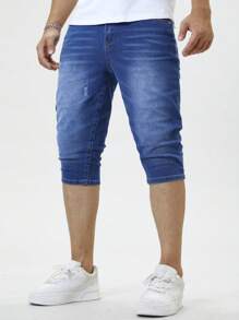 Manfinity Homme 男士纯色紧身弹力休闲牛仔短裤 - 深色水洗藍 - 查看 3