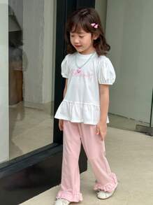 SHEIN 年轻女孩休闲字母印花荷叶边下摆T恤和裤子套装 - 彩色 - 查看 7