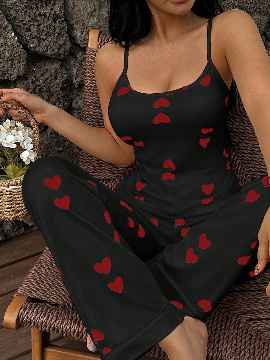 SHEIN Women's Heart Print Knit Spaghetti Strap Pajama Set, Comfortable Casual Sleepwear For All Seasons