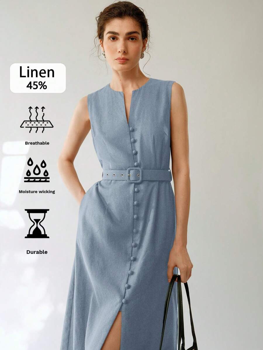 Uhlyne 女士休闲优雅无袖亚麻连衣裙（配腰带，无弹力）