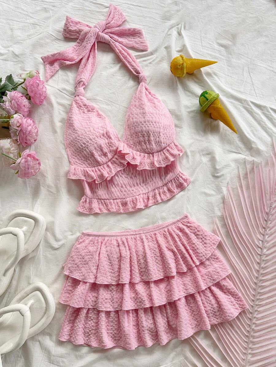 Soleia 女士粉色纹理针织系带露背短款上衣和迷你裙套装，适合度假、派对、约会、下午茶、婚礼季、海滩、春夏邮轮度假、波西米亚风格