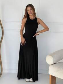 SHEIN EZwear Vestido negro sin espalda y sin mangas de punto de verano para mujer - Negro - Ver 4