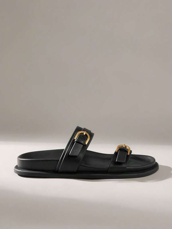 Solecia Sandales plates de plage confortables noires pour femmes