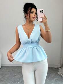 Chiquease Camiseta de tirantes sin mangas de cuello en V profundo de unicolor minimalista para mujer - Azul - Ver 3