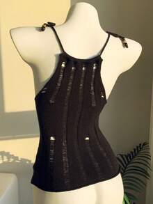 Comfortcana Women's Solid Color Halter Self-Tie Cold-Shoulder Cropped Knitted Sweater Vest