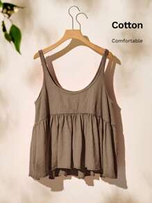 Easelle 女式夏季休闲无袖圆领 A 字形上衣，带有荷叶边和褶皱拼接设计