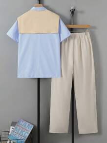 Set da 3 pezzi: Camicia a maniche corte a righe casual di moda per ragazzi adolescenti + Pantaloni lunghi a vita media ampi + Scialle in maglia, adatto per uso quotidiano e vacanze