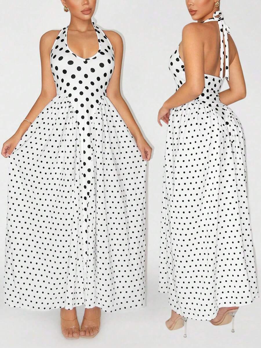 Zolique Vestido vintage assimétrico com decote em V e bolinhas para mulheres, férias de verão