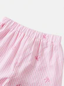 SHEIN 青少年女孩休闲时尚粉色和白色条纹蝴蝶结领宽松短袖衬衫和阔腿裤套装，返校，母子装 - 粉色 - 查看 10