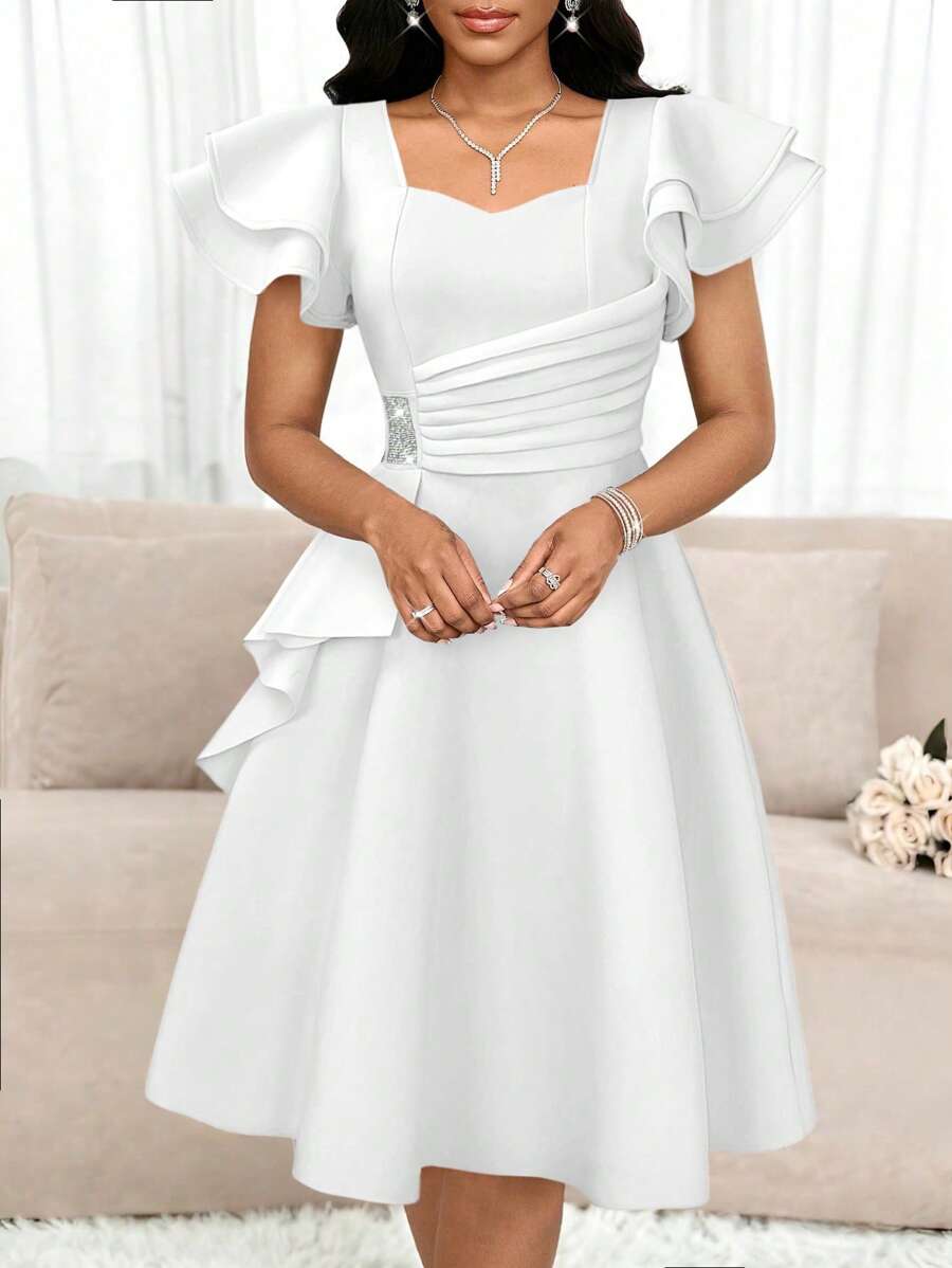 SHEIN Lady 女式纯色V领荷叶边袖优雅水钻腰中长连衣裙