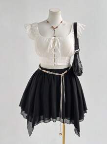 Flirla Plus Size High Waist Asymmetrical Ruffle Hem Mini Skirt For Women, Stylish Design, Versatile, Paired With Beaded Belt, Summer Casual Beach Boho Elegant Boho - Black - View 1