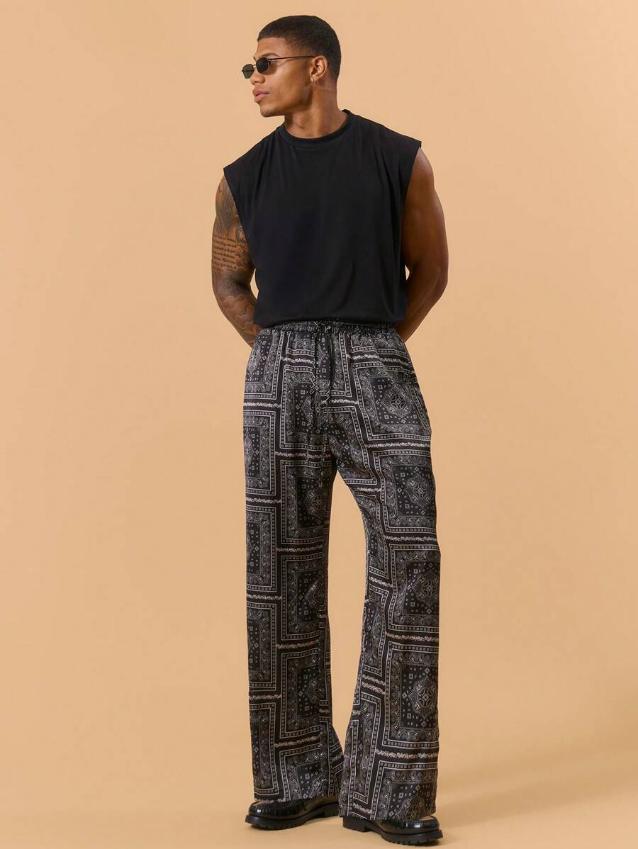 Musero Satin Paisley All Over Print Straight Leg Trousers Elasticated Drawstring Waistband Trousers Only Lightweight Spring Summer Vacation Holiday Comfort Beach