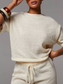 Athîral Women's Knit Casual 2pcs T Shirt & Shorts Set,Four Seasons,Back To School Girls Outfits,,Travel Outfit Airport ,White Suit,Women's Fall Clothes