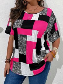 BrightlyHer Plus Size Summer Casual Contrast Color Print Short Sleeve T-Shirt - Hot Pink - View 3