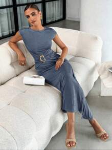 Lavishia Đầm dài tay ngắn cổ tròn màu mơ kim loại bóng mượt cho nữ, thời trang mùa hè - Màu xanh bụi bặm - Xem 6