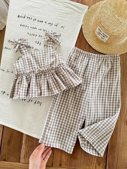 SHEIN LMoss Kids LMoss Baby Girls Summer Cute Striped Camisole And Elastic Waist Pants 2 Pieces Set Toddler Girl Gingham Set Toddler Girl Summer Set Girls Two Piece Set 2 Piece Toddler Girl Set Baby Girl Gingham Outfit