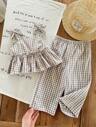 SHEIN LMoss Kids LMoss Baby Girls Summer Cute Striped Camisole And Elastic Waist Pants 2 Pieces Set Toddler Girl Gingham Set Toddler Girl Summer Set Girls Two Piece Set 2 Piece Toddler Girl Set Baby Girl Gingham Outfit