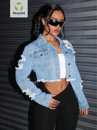 Jeanoix Chaqueta de mezclilla desgastada y rasgada, de moda para el verano