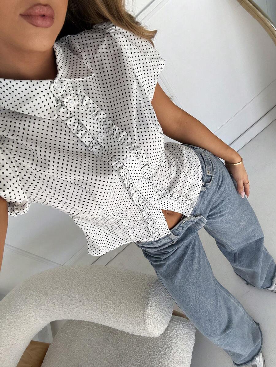 SHEIN EZwear Áo cánh chấm bi dệt màu trắng cổ yếm tay ngắn cho nữ - Đen và trắng - Xem 1