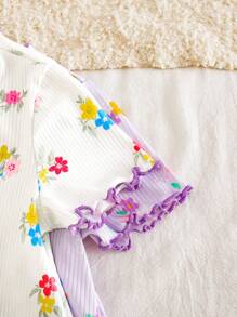 2件套女婴碎花荷叶边圆领宽松针织睡袍 - 淡紫色 - 查看 5