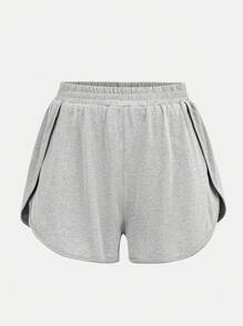 SHEIN Leap Crew Quần short dệt kim màu trơn dành cho nữ tuổi teen có quần short tích hợp, quần short thể thao thường ngày, quần short màu xám, quần short tập gym cho nữ, quần short thoải mái cho nữ, quần short thể thao, quần short tập luyện - Xám - Xem 7