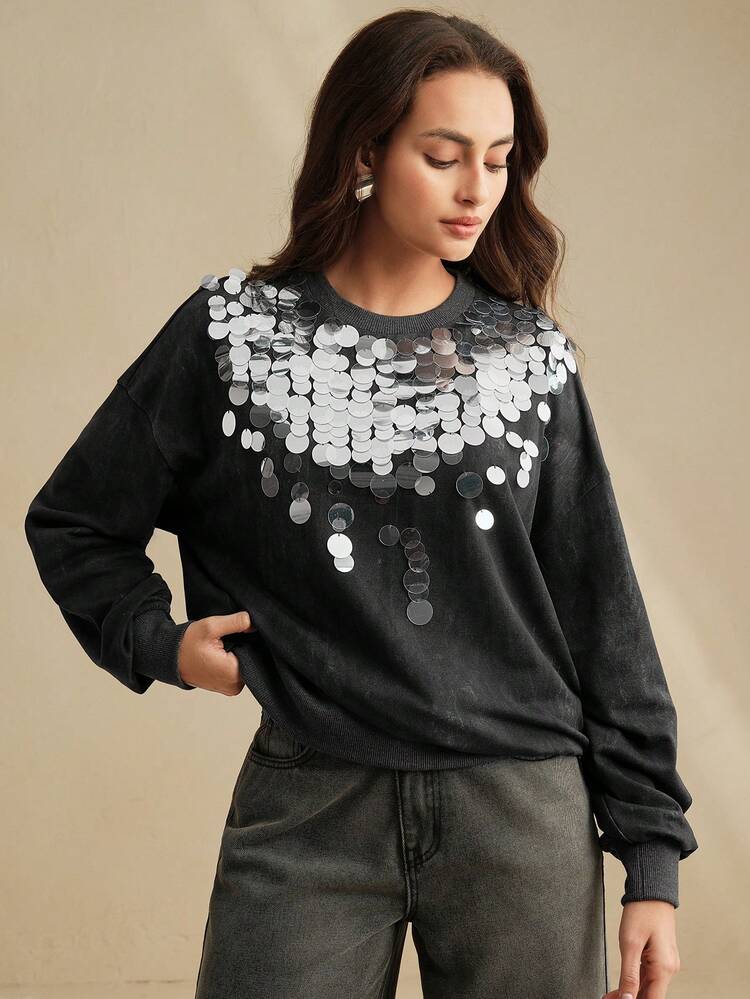 Städtisch-schicker Vintage Rundhals Langarm Pailletten Sweatshirt, Frühling & Herbst Abschluss, Schulanfang, Abschluss, Lehrerin für Frauen, Pullover für Schulanfang Herbst