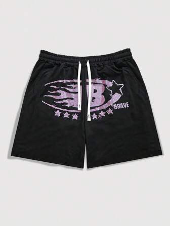 Street Life Short décontracté à cordon de serrage avec imprimé lettre et pentagramme pour homme