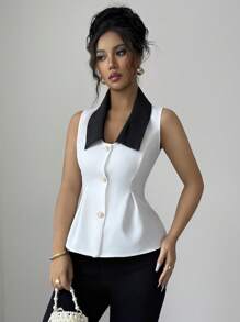 Elenzga Camisa de mujer elegante, casual, cómoda y de estilo vintage minimalista para días de vacaciones, sin mangas, con cuello vuelto, contraste de color en el dobladillo y la cintura entallada en unicolor