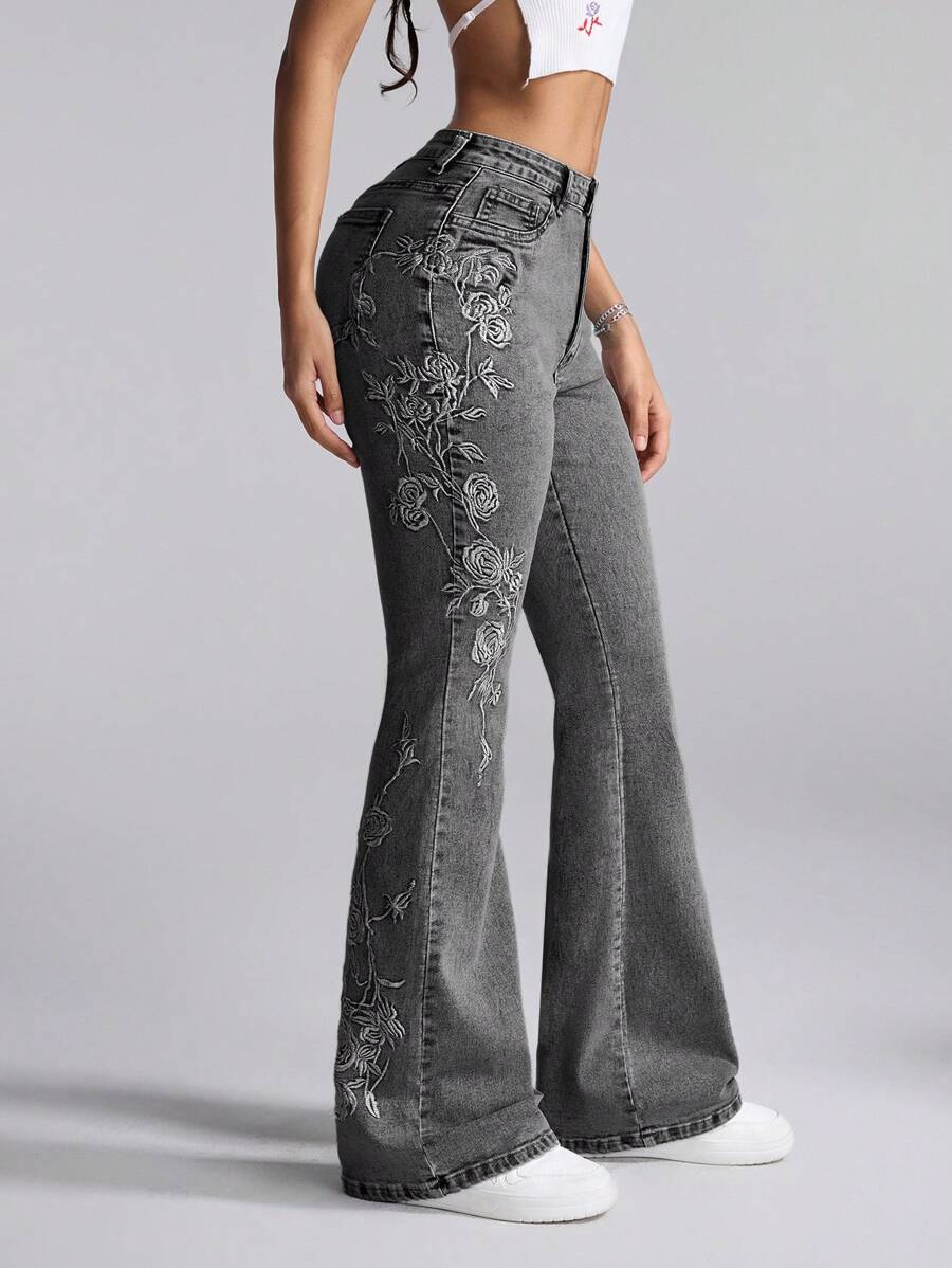 Selenza Women's Casual Flower Embroidery Flared Washed Denim Jeans - Dark Grey - View 1