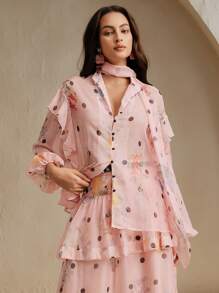 Anewsta 女士优雅花卉圆点印花衬衫 - 粉色 - 查看 3